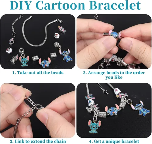 Miniatura 6 de HTPARY Stitch Bracelet Charm Bracelets DIY Cartoon Jewellery, Zinc Alloy Stitch Gift for Girls Daughter Women