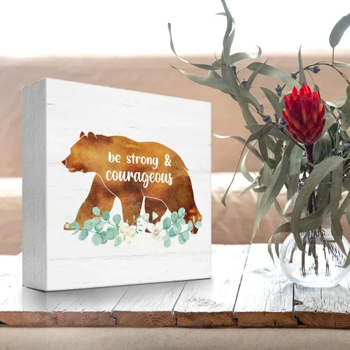 Miniatura 4 de Letrero de madera de animales del bosque, letrero de madera de oso con texto en inglés «Be Strong and Courageous», decoración de escritorio