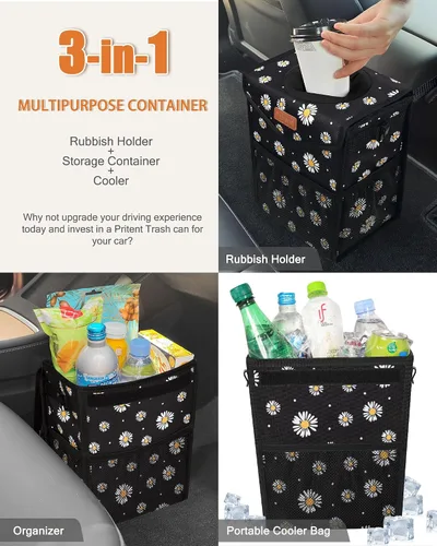 Miniatura 5 de Pritent Bote de basura para automóvil con tapa, bonito cubo de basura a prueba de fugas para colgar del vehículo, pequeño organizador portátil