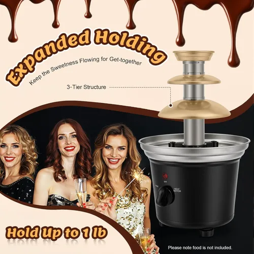 Miniatura 5 de Fuente de chocolate, fuente de fiesta de acero inoxidable de 3 niveles con bandeja de alimentos y tenedor, máquina eléctrica de fuente de fondue