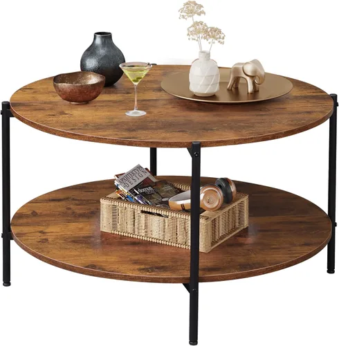 WLIVE - Mesa de centro redonda, mesa de café pequeña de 32.6" con estante de almacenamiento, mesa de centro de madera de 2 niveles para sala de