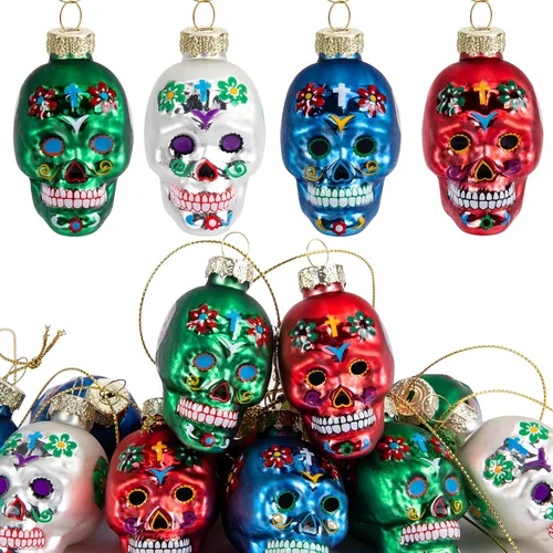 Miniatura 7 de 12 piezas de adornos de vidrio del Día de los Muertos - Adornos de calavera de azúcar del Día de los Muertos - Adorno de cabeza de esqueleto