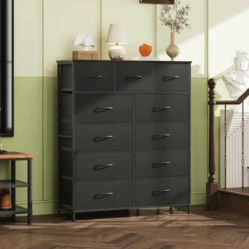 Miniatura 2 de WLIVE Cómoda alta para dormitorio, torre de almacenamiento de aparadores de tela, cómoda y cómoda con 11 cajones, armario de almacenamiento, Negro