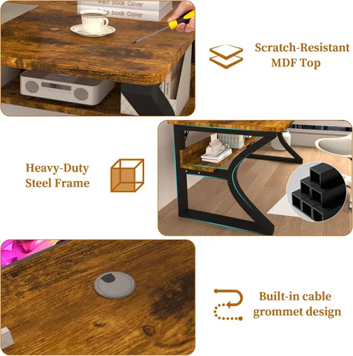 Miniatura 5 de Escritorio para computadora de 47 pulgadas, escritorio de oficina en casa con estante de almacenamiento, mesa de estudio resistente con marco
