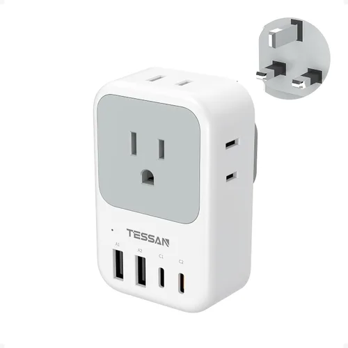 Miniatura 13 de Adaptador de enchufe de viaje europeo, adaptador de corriente TESSAN International con 4 tomas, 4 puertos USB (2 USB-C, 1 con PD 20W), adaptador