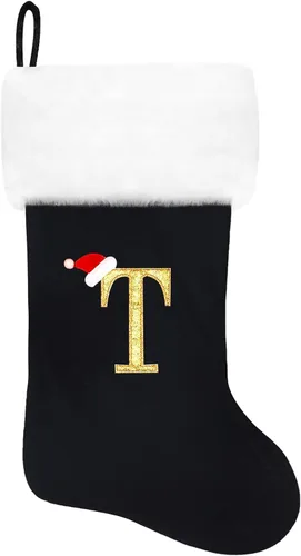 Miniatura 62 de Calcetines de Navidad bordados de 20 pulgadas con monograma, terciopelo negro con puño de felpa blanca supersuave, adornos clásicos para decoración