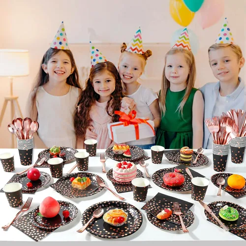 Miniatura 6 de 175 piezas de suministros de fiesta de color negro y oro rosa, lunares de oro rosa en platos de papel negro, servilletas y vasos, juegos de vajilla