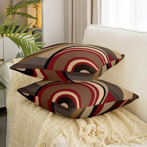 Miniatura 3 de Paquete de 4 fundas de almohada para exteriores, color rojo burdeos, juego de fundas de cojín geométricas cuadradas de color marrón y gris