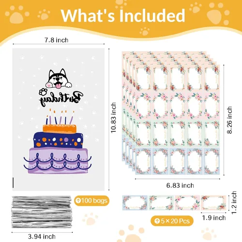 Miniatura 3 de 100 bolsas de celofán con estampado de patas de perro de mayor capacidad, bolsas de golosinas para perros y gatos con calcomanías, bolsas de dulces