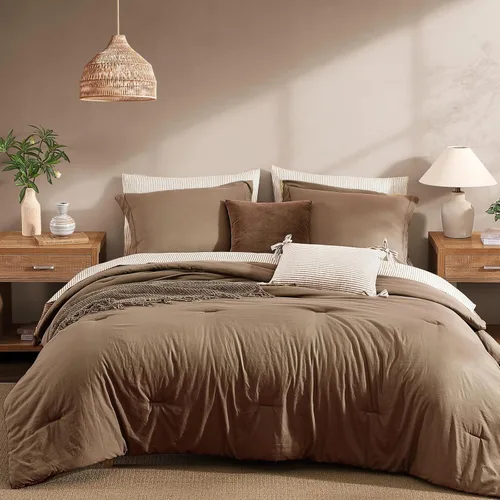 Miniatura 20 de Monbix Juego de Edredón de Tamaño Completo - 7 Piezas Verde Oliva Prelavado Ropa de Cama en una Bolsa Juegos de Ropa de Cama Completos