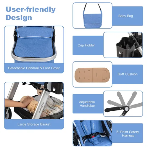 Miniatura 2 de BABY JOY Cochecito de bebé, cochecito reclinable convertible 2 en 1, cochecito plegable con arnés de 5 puntos, incluye soporte para tazas, funda Azul