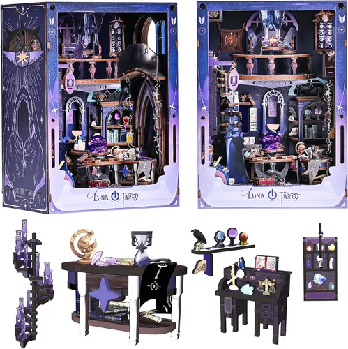 Spilay Kits de rincón de libros para adultos, Luna Tarot Book Rook con luz LED y cubierta antipolvo, rompecabezas de madera 3D, kit de casa de