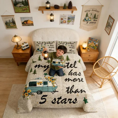 Miniatura 33 de Juego de Edredón para Acampar Feliz para Niños Tamaño Individual, Juego de Ropa de Cama Rústica de Aventura de Granja y Cabaña, Decoración