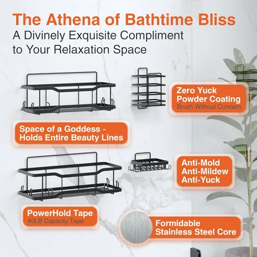 Miniatura 4 de Estantes de Ducha para Baño, El Juego Athena Silken de 4, Capacidad de 40 Libras, Cinta Adhesiva Sin Taladro - A Prueba de Óxido - Magnífico Negro