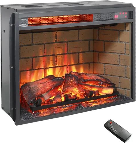 Inserto de chimenea eléctrica de 23 pulgadas, tronco de resina realista, pared de ladrillo, calentador de chimenea con control remoto/temporizador,