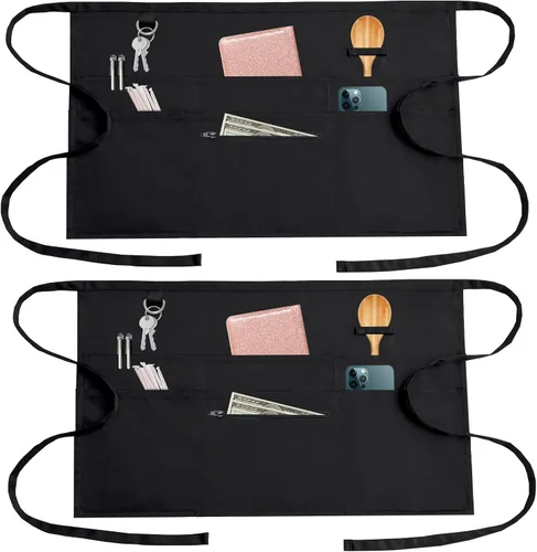 AEKTBY Delantales negros con 6 bolsillos, delantal de cintura para camarera unisex, peluquero, limpiador