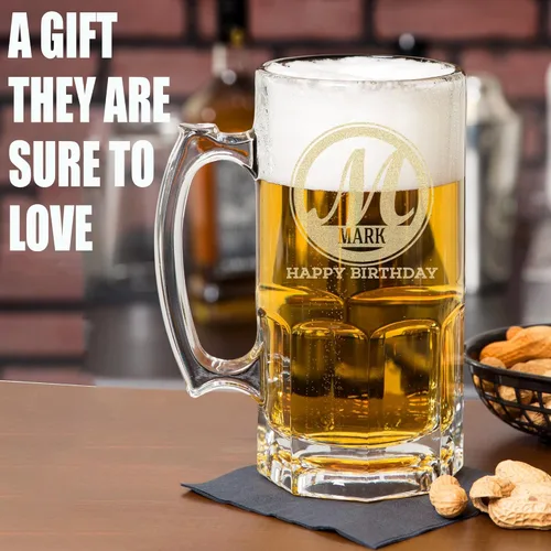 Miniatura 2 de Taza de cerveza de vidrio con monograma grabado personalizado, 34 onzas, Día del Padre, monograma, nombre personalizado, regalos de cerveza Claro