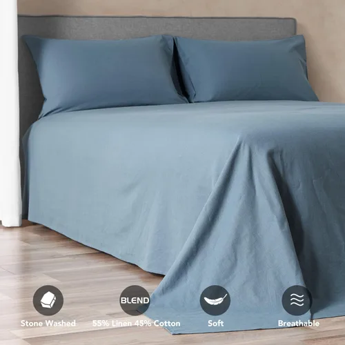 Miniatura 2 de DAPU Juego de sábanas de lino de color liso, suaves y transpirables, 4 piezas, ropa de cama de mezcla de lino francés hipoalergénico de mezcla