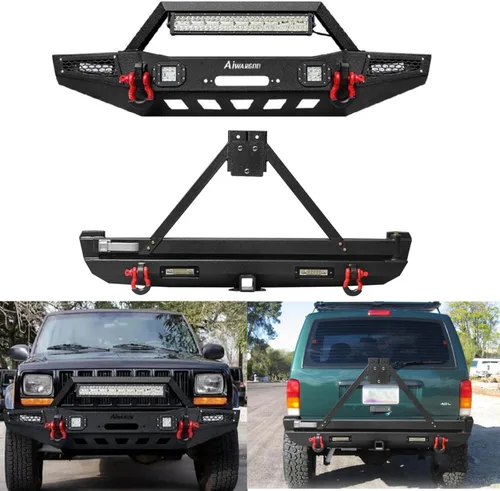 Miniatura 10 de Parachoques delantero para Cherokee XJ, AAIWA parachoques de acero con barra de luz LED y soporte de placa de cabrestante compatible con Cherokee XJ