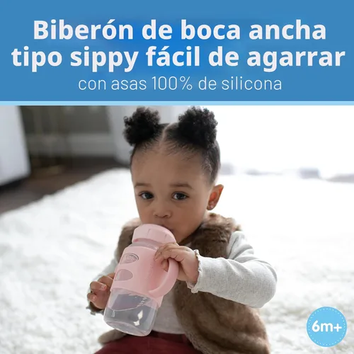 Miniatura 2 de Dr. Brown's Milestones - Botella de cuello ancho con asas 100% de silicona, asas de fácil agarre con boquilla suave para sorber, 9 onzas, rosa claro