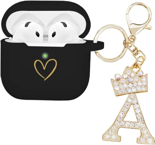 Compatible con AirPods 4 Cover 2024, funda de silicona suave con patrón de corazón dorado para 4ª generación, llavero de letra A-Z con diamantes de