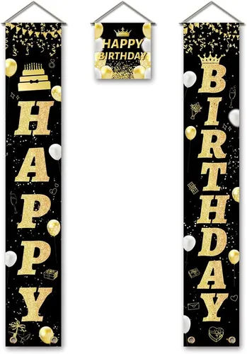 SUPERDANT Cartel de feliz cumpleaños para porche, color negro y dorado, letrero colgante de cumpleaños, letrero de feliz cumpleaños, letrero de