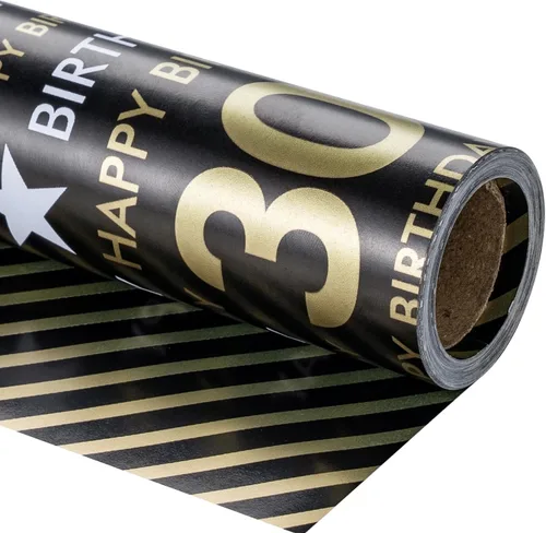 RUSPEPA Rollo de papel de regalo reversible, mini rollo, patrón negro y dorado para cumpleaños de 30 años, ideal para cumpleaños, fiestas, baby