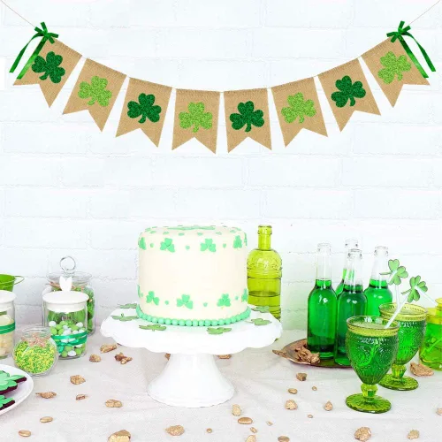 Miniatura 5 de CAVLA Cartel de arpillera de trébol con purpurina para el día de San Patricio, guirnalda de trébol verde con lazos, decoración de fiesta del día