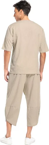 Miniatura 4 de Babioboa Conjunto de 2 piezas de lino para hombre, camisa hippie de manga corta y pantalones capri harén holgados para playa, pantalones de yoga