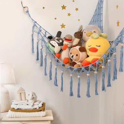 Miniatura 3 de Hamaca de almacenamiento para juguetes de animales de peluche con luz LED - Organizador de habitación jumbo de macramé para muñecas, decoración