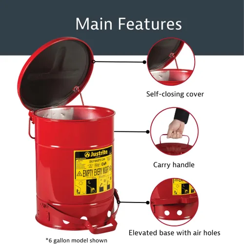 Miniatura 4 de Justrite Recipiente para desechos aceitosos de acero galvanizado de 10 galones, recipiente de seguridad metálico para trapos con aceite de 18 x 14