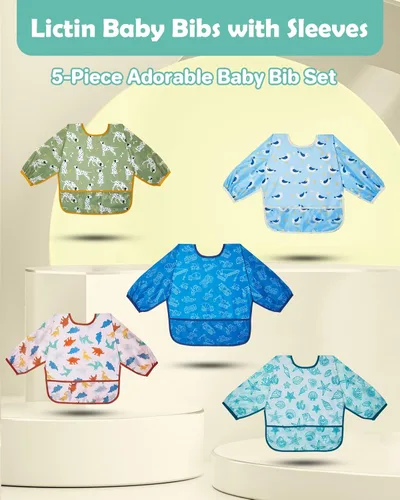 Miniatura 2 de Lictin Baberos de Manga Larga Paquete de 5 - Baberos para Bebé, Baberos Impermeables para Niños Pequeños, Delantal para Bebé para Comer, Baberos