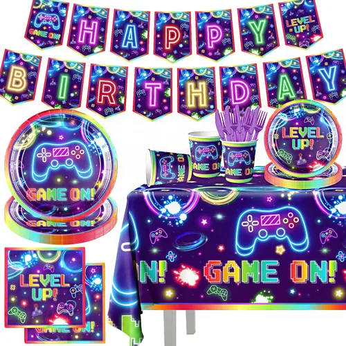 142 piezas de decoración de cumpleaños de videojuegos, vajilla para fiesta de jugadores, videojuegos en platos temáticos, servilletas, vasos,