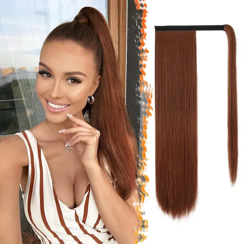 Miniatura 41 de BARSDAR Extensión de cola de caballo de 28 pulgadas largo recto envoltura alrededor del clip en pelo de fibra sintética para mujeres, negro