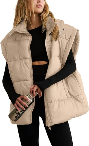 Miniatura 36 de Shiyifa Chaleco acolchado para mujer, chaqueta de gran tamaño, sin mangas, ligera, con cremallera, con capucha desmontable