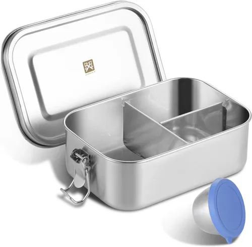 GOLDEN KEY Caja Bento de acero inoxidable de 27 onzas para niños, lonchera de acero inoxidable de 27.1 fl oz con contenedor de condimentos a prueba