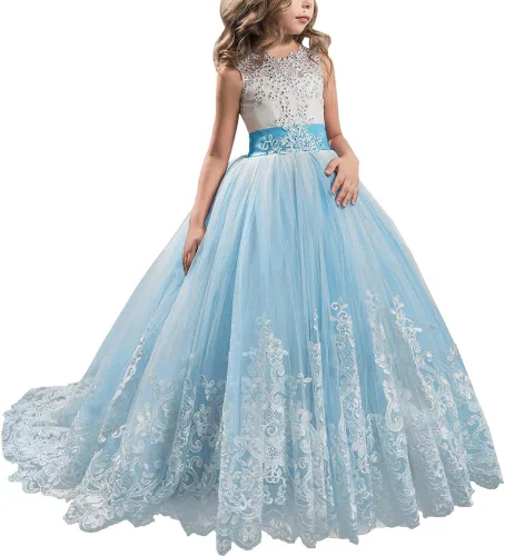 Vestido largo de encaje de princesa, para comunión, vestido de tul, vestido largo con diseño de flor de encaje, para eventos formales para niñas