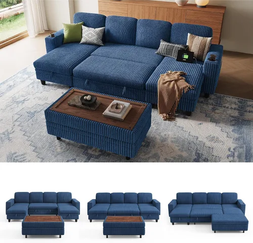Miniatura 33 de LINSY HOME - Sofá cama extraíble modular con sección para dormir, con almacenamiento, sofá seccional de pana mullida para sala de estar, sofá cama