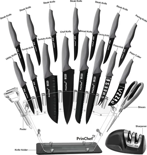 Miniatura 2 de PrinChef Juego de cuchillos, 19 cuchillos a prueba de óxido para cocina, con soporte acrílico, afilador, tijeras y pelador, juego de cuchillos
