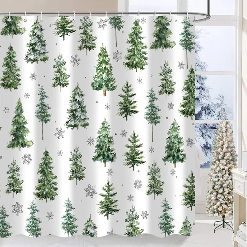 Miniatura 2 de Cortina de ducha de Navidad con diseño de pino, cortinas de baño decorativas estilo granja retro de acuarela, invierno, copos de nieve, verde, tela