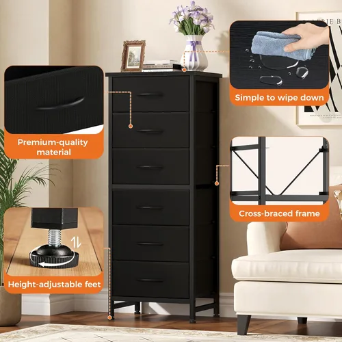 Miniatura 6 de Sweetcrispy Cómoda alta de tela para dormitorio, cómoda delgada de 6 cajones, torre de almacenamiento estrecha con parte superior de madera y marco