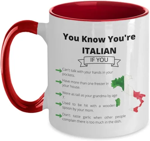 Taza de café con texto en inglés "Funny Italy, You Know You're Italian Two-Tone 11oz", taza de café italiana, color rojo y blanco