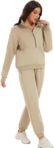 Miniatura 5 de COZYPOIN Conjunto deportivo de 2 piezas para mujer, sudadera de forro polar con cremallera media y pantalones de chándal de forro polar
