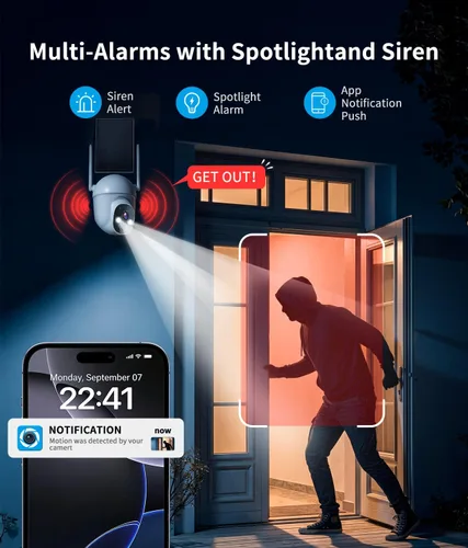 Miniatura 5 de Cámaras de seguridad solar 2K inalámbricas para exteriores, visión de 360°, cámara exterior para seguridad del hogar con visión nocturna a