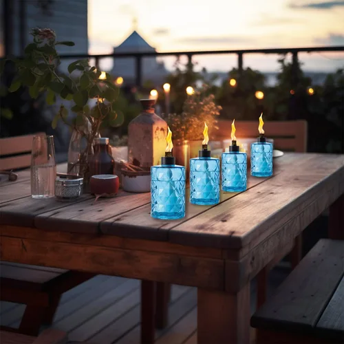 Miniatura 7 de Paquete de 4 linternas de mesa de cristal azul con mecha y tapa, linternas de citronela al aire libre, linterna de llama recargable, linterna