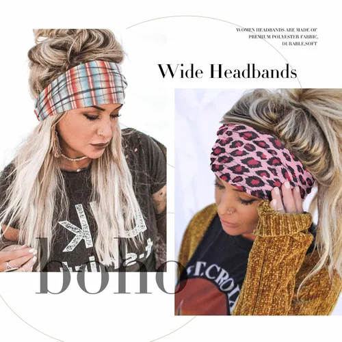 Miniatura 2 de Olbye Diademas bohemias anchas elásticas y antideslizantes para mujer y niña - para entrenamiento, yoga, correr, banda para el sudor, pañuelos