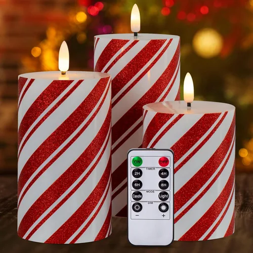 Velas de pilar sin llama con rayas rojas con temporizador, velas parpadeantes de cera real que funcionan con pilas para decoración navideña del