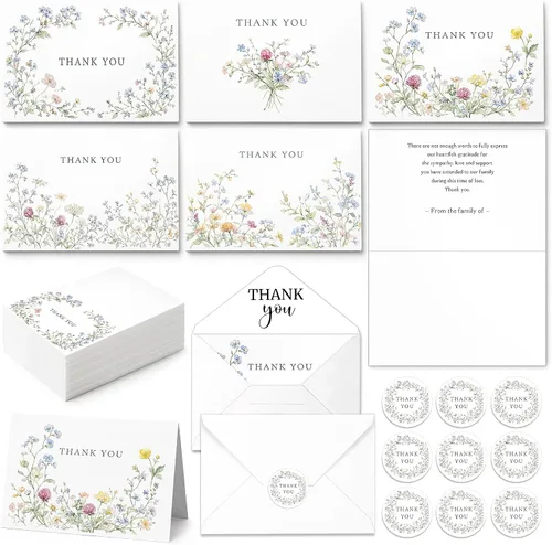 Miniatura 12 de Fumete Juego de 50 tarjetas de agradecimiento funerarias con sobres y calcomanías, tarjetas de agradecimiento de condolencias con mensaje