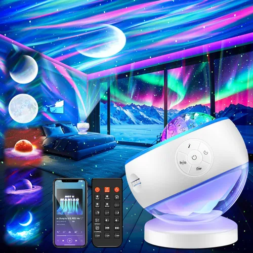 Iceberg - Proyector de luces del norte, proyector de galaxia blanca con altavoz Bluetooth y 15 ruidos blancos, luz Aurora con base desmontable, más