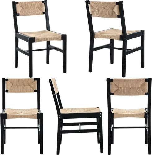 Miniatura 6 de BESTANO Juego de 2 sillas de comedor de ratán tejido, sillas de comedor bohemias de mimbre estilo granja, silla de comedor de caña de madera negra
